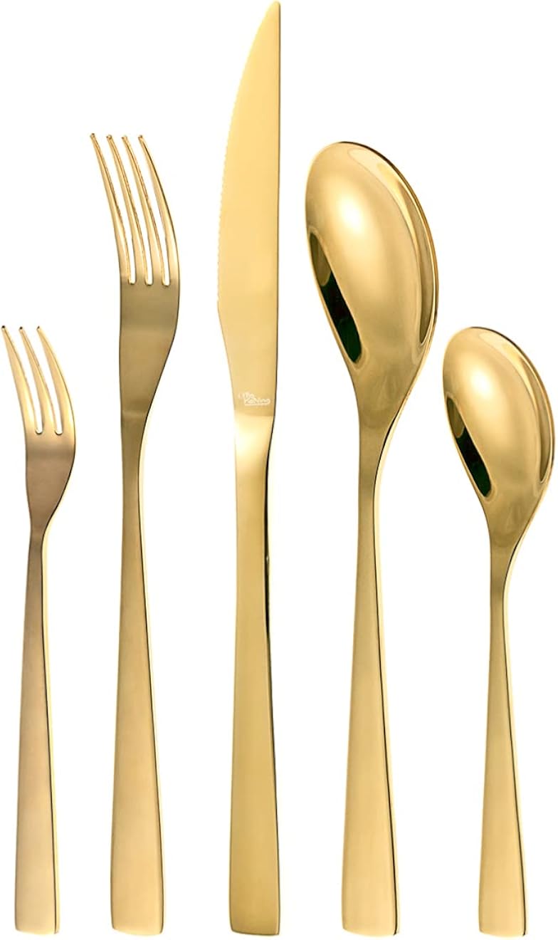 Otto Koning -Berlin-30-Piece Stainless Steel Cutlery Set - Titanium Plated Gold and Shiny Polished, Thickness 4 mm and Chopper Knife, Modern Cutlery for 6 People